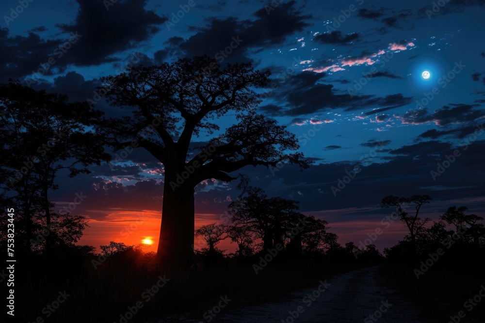 Warm sunlight on the trees, landscape with sunset Warm sunlight on the trees, landscape with sunset