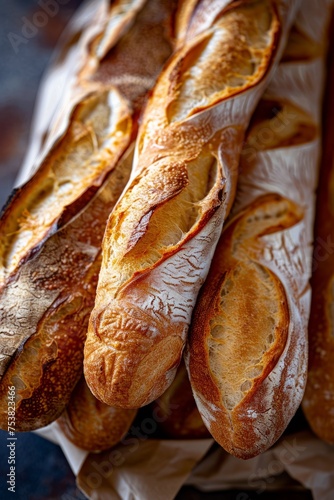 several baguettes stacked on top of each other in a paper bag