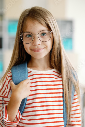 Schoolgirl backpack optimistic eyewear student scholastic learning photo