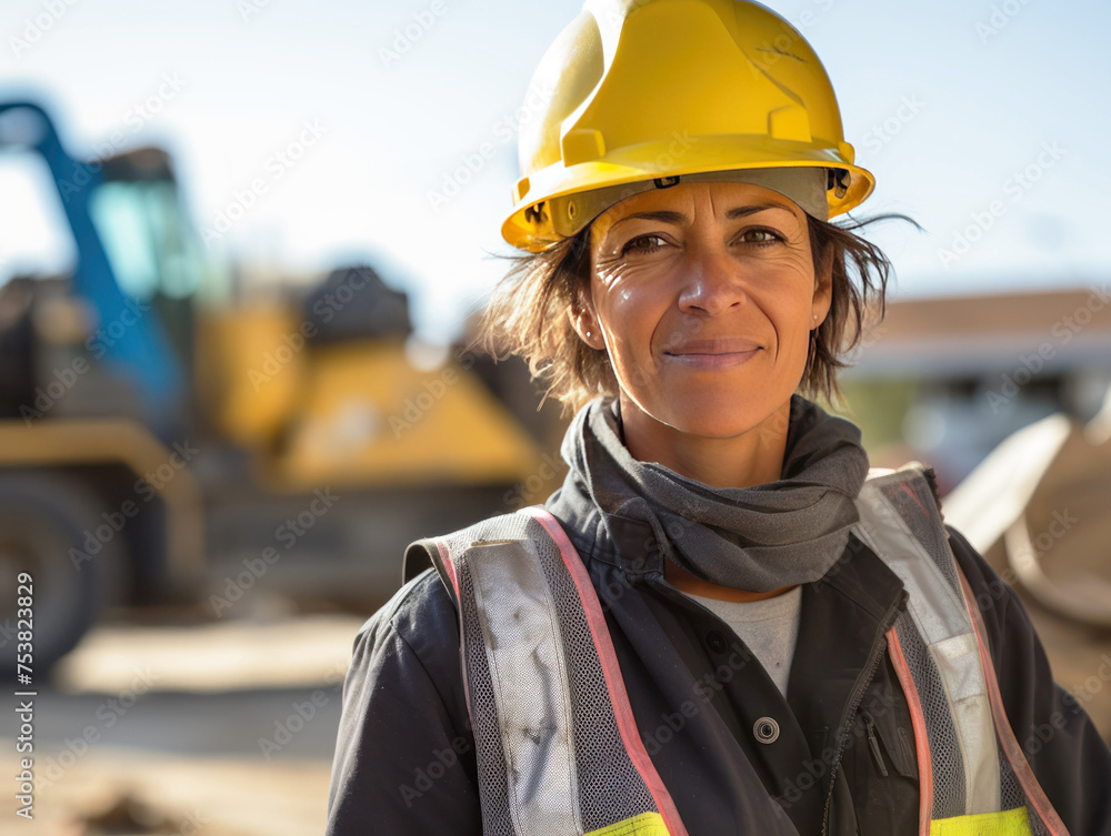 woman working on a construction site, construction hard hat and work vest, smirking, middle aged or older woman working on a construction site, construction hard hat and work vest, smirking, middle aged or older