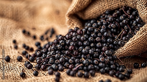 a composition of dried elderberries spilling from a rustic burlap sack