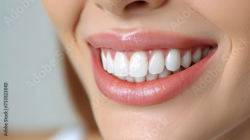 Teeth  dental  and oral hygiene with a model woman in studio on a gray background for teeth whitening.