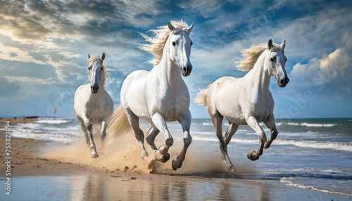 White Stallions GALLOPING ON THE BEACH with ocean waves and sand splashing 