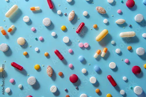 Colourful pills and capsules on a blue background. Minimal medical concept.