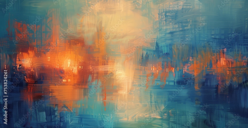 Abstract painting featuring vibrant blue and orange colors blending together in bold brush strokes.