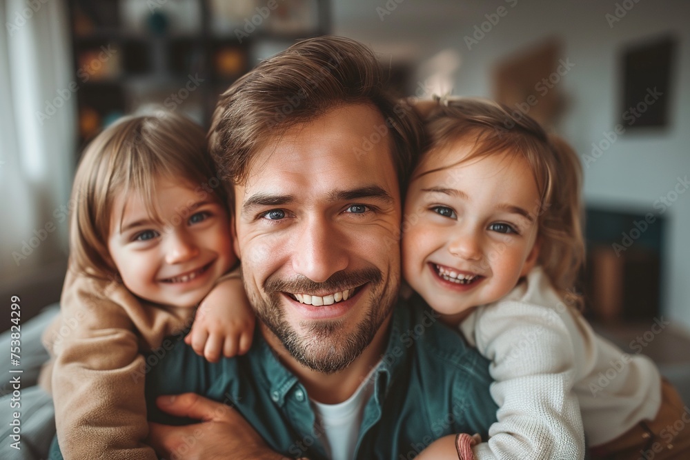 children hug their dad very happy, in front of the camera children hug their dad very happy, in front of the camera