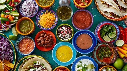 A colorful taco bar with an assortment of fillings, toppings, and salsas