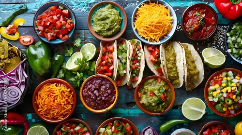 A colorful taco bar with an assortment of fillings, toppings, and salsas