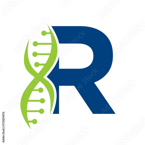 DNA Logo On Letter R Vector Template For Healthcare Symbol