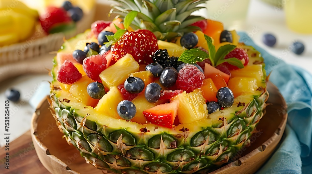 A colorful fruit salad served in a hollowed-out pineapple, perfect for a summer party
