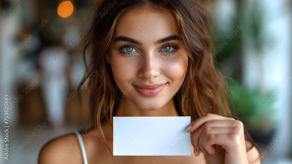 A woman holding a blank business card. White Paper Card for Mockup A woman holding a blank business card. White Paper Card for Mockup