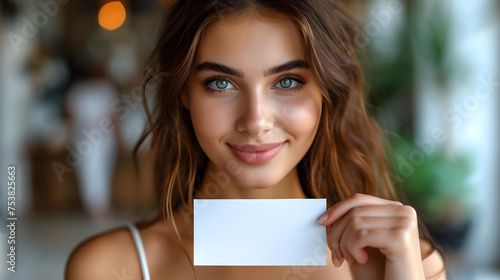 A woman holding a blank business card. White Paper Card for Mockup
