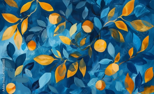 Vibrant oranges and lush green leaves are delicately depicted on a rich blue canvas in this still life painting.