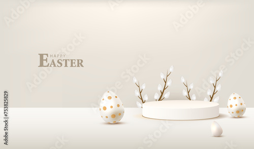 Wesołych Świąt Wielkanocnych. Świateczna kartka Wielkanocna z podium służącym do prezentacji produktu na sprzedaż. Bazie i jajka wielkanocne na szarym i białym tle. Ilustracja wektorowa.