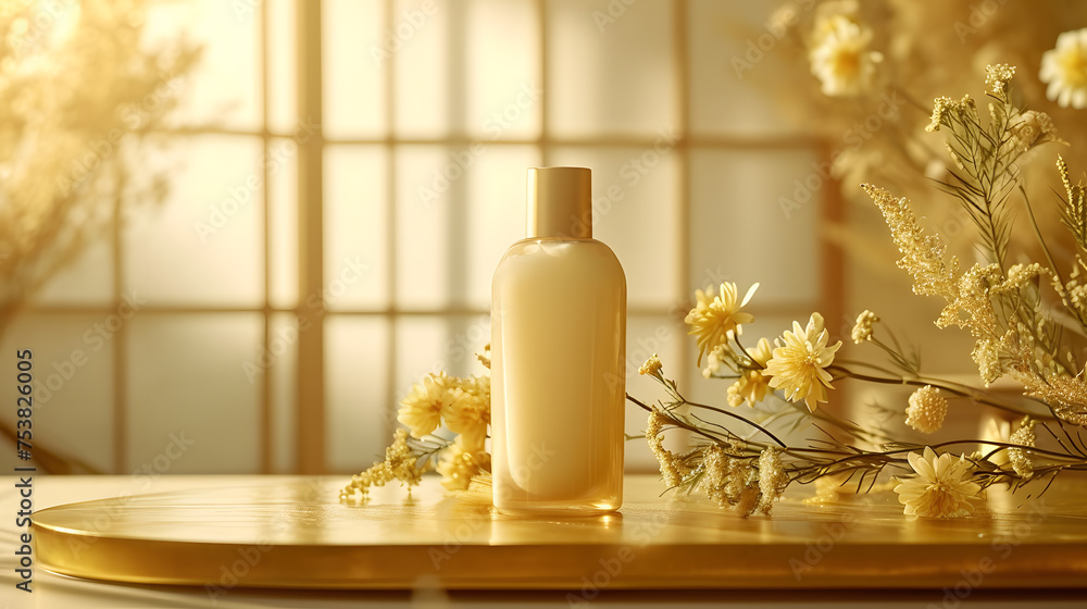 A blank Mockup of a hand wash bottle on a marble in the luxurious bathroom . A blank Mockup of a hand wash bottle on a marble in the luxurious bathroom .