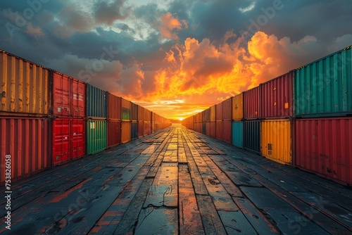 Wallpaper Mural Vibrant sunset seen through a symmetrical arrangement of colorful shipping containers, reflecting on the floor Torontodigital.ca