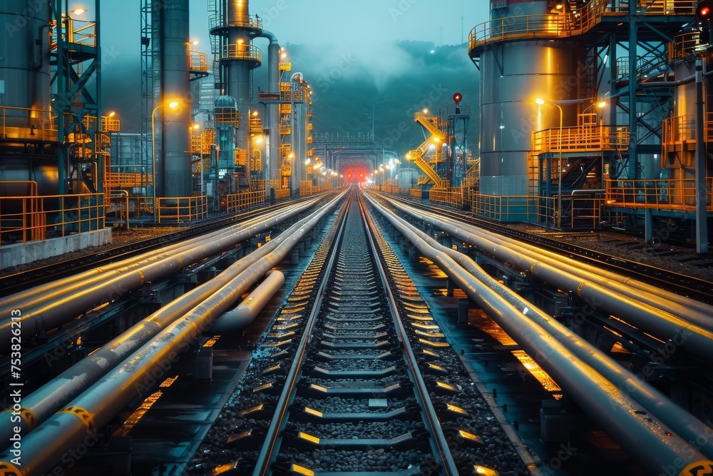 A moody take on an industrial railway system shrouded in fog, with towering structures in the backdrop A moody take on an industrial railway system shrouded in fog, with towering structures in the backdrop