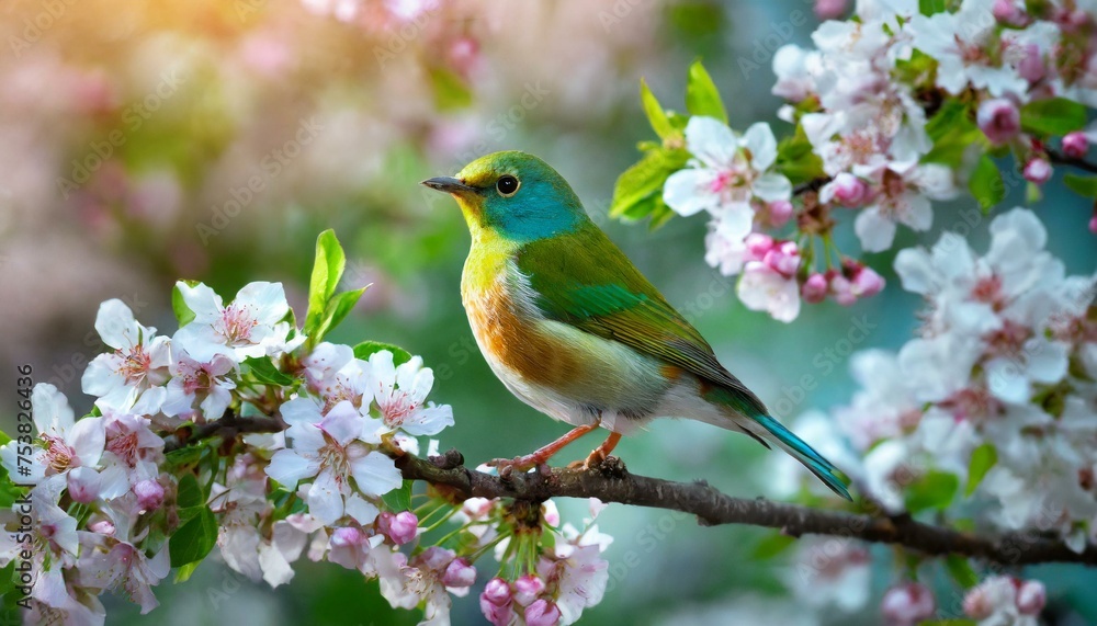 Colorful Bird. Songbird in Cherry Blossoms