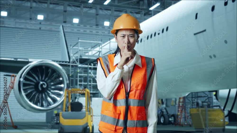 Asian Female Engineer With Safety Helmet Making Shh Gesture While Standing With Aircraft In The Hangar Asian Female Engineer With Safety Helmet Making Shh Gesture While Standing With Aircraft In The Hangar