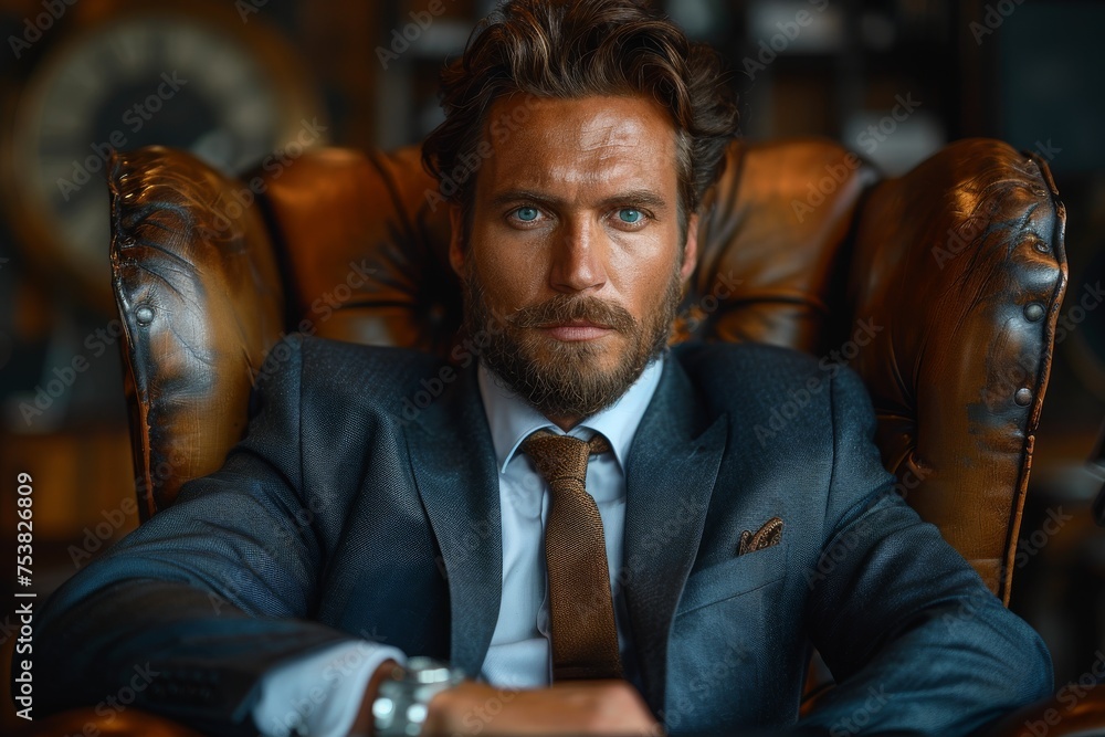 A well-dressed man exudes confidence while seated in a luxurious leather chair, his intense gaze captivating
