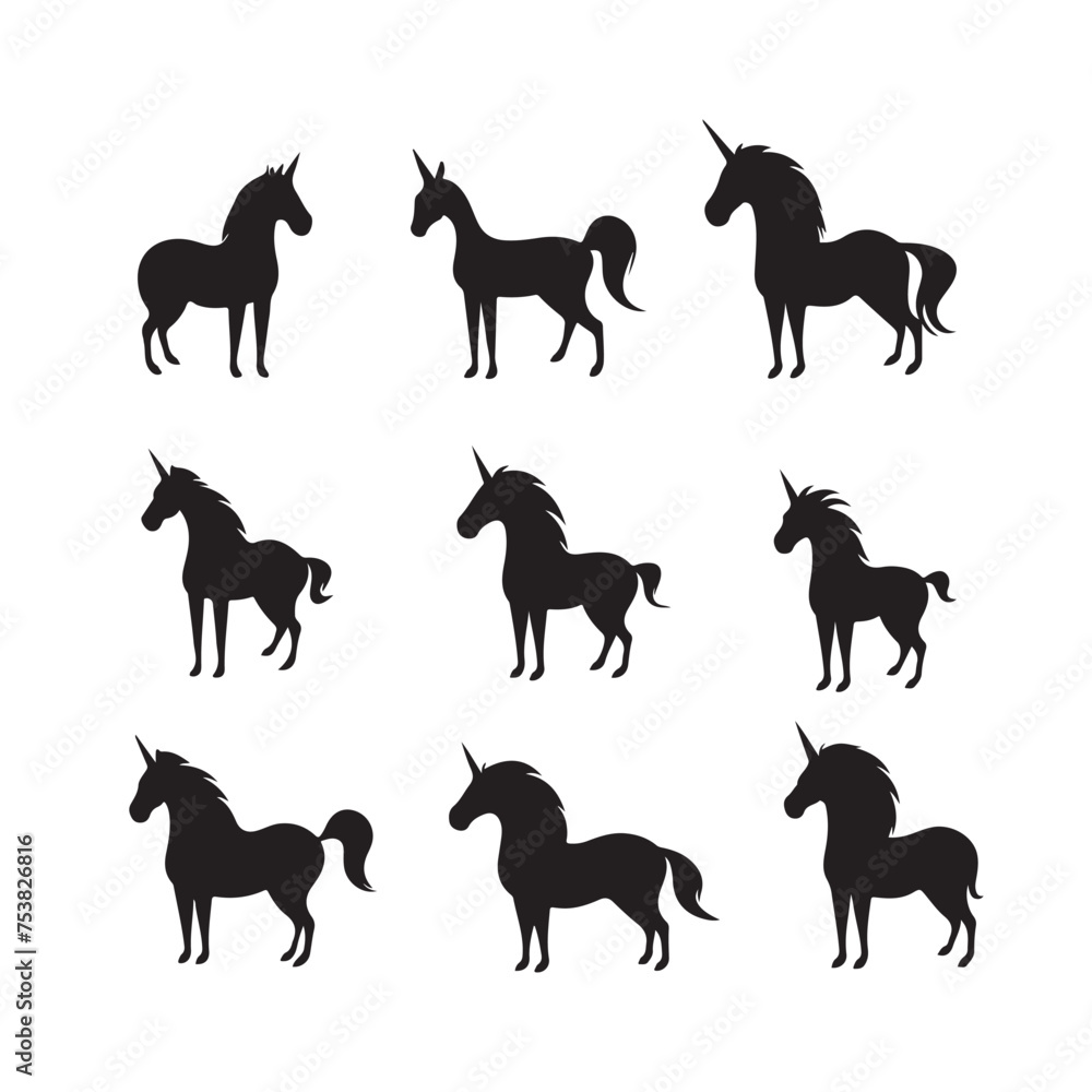 Obraz premium A black silhouette unicorn set