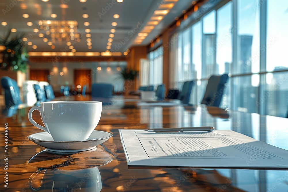 Close-up of a white ceramic coffee cup and saucer on a shiny wooden boardroom table, with documents and meeting room blurred in the backdrop Close-up of a white ceramic coffee cup and saucer on a shiny wooden boardroom table, with documents and meeting room blurred in the backdrop