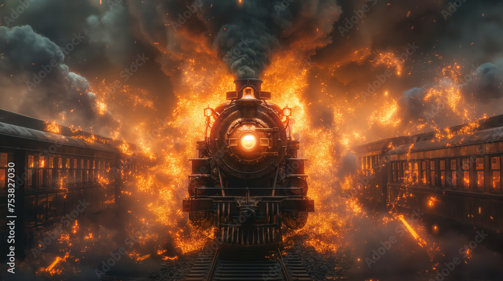 steam train catches fire - obrazy, fototapety, plakaty 