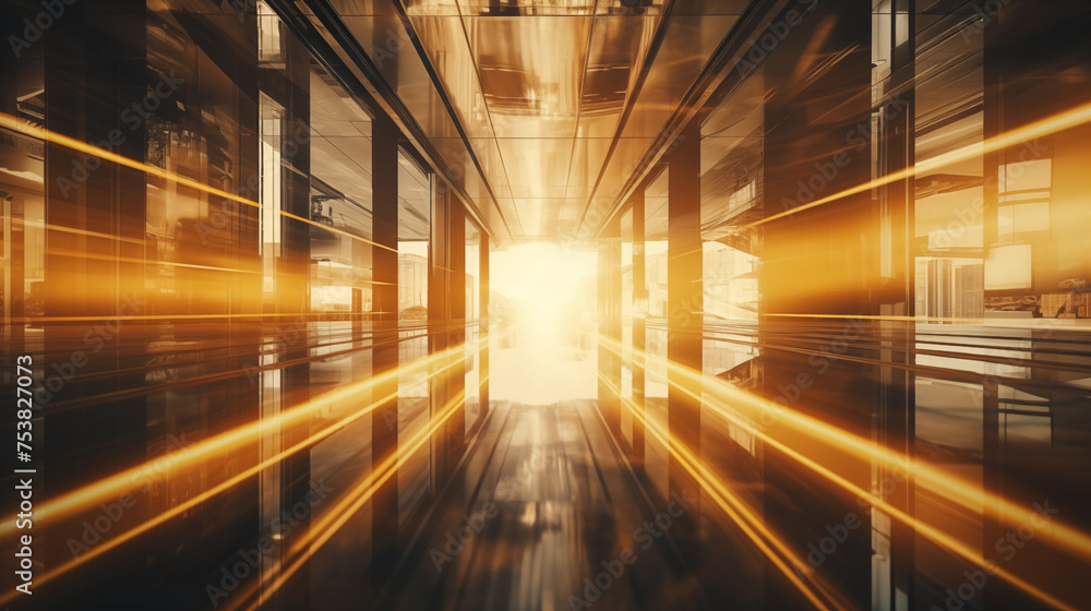 Modern corporate hallway bathed in warm golden light rays, dynamic futuristic atmosphere. Perspective leads to a bright white light at the end, suggesting motion and progress within a business context
