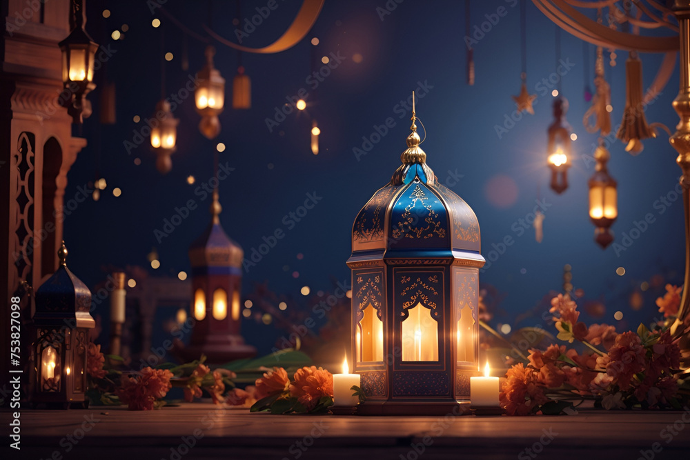 Obraz premium Dates fruit with a background of city lights and a Ramadan Kareem lantern.