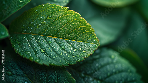 Beautiful large drop morning dew in nature, selective focus. Drops of clean transparent water on leaves. Sun glare in drop. Image in green tones. Spring summer natural 