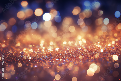 Vibrant display of scattered glitter creates a dazzling surface, illuminated by a bokeh effect where soft lights blur into an array of colors, festive celebration