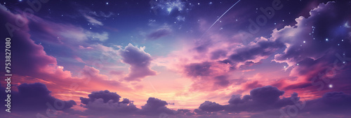 Breathtaking twilight sky with shades of pink, purple, and blue fluffy clouds, illuminated from below by the fading light. Unreal mystery abstract galaxy background