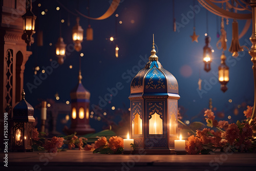 Dates fruit with a background of city lights and a Ramadan Kareem lantern.