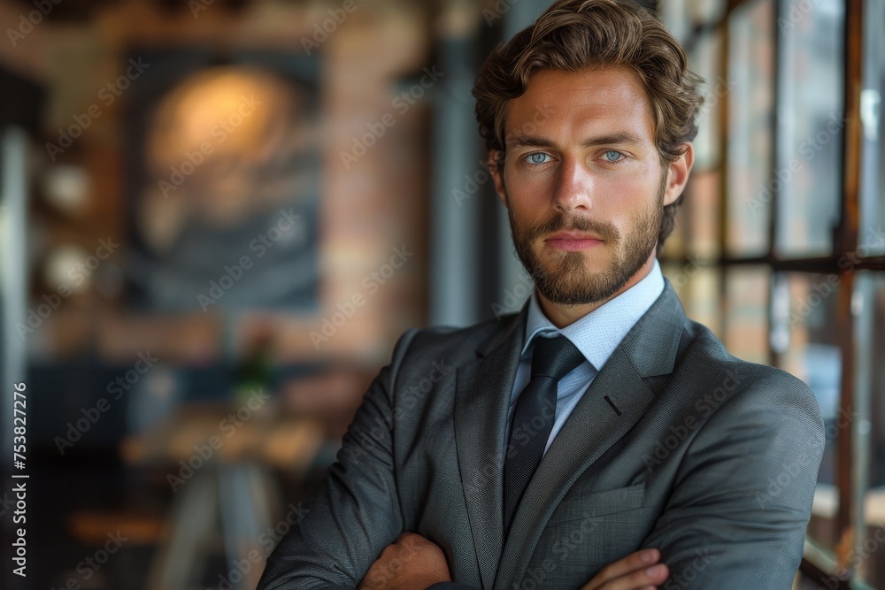 A professional man with a confident and powerful stance looks directly at the camera in an office setting A professional man with a confident and powerful stance looks directly at the camera in an office setting