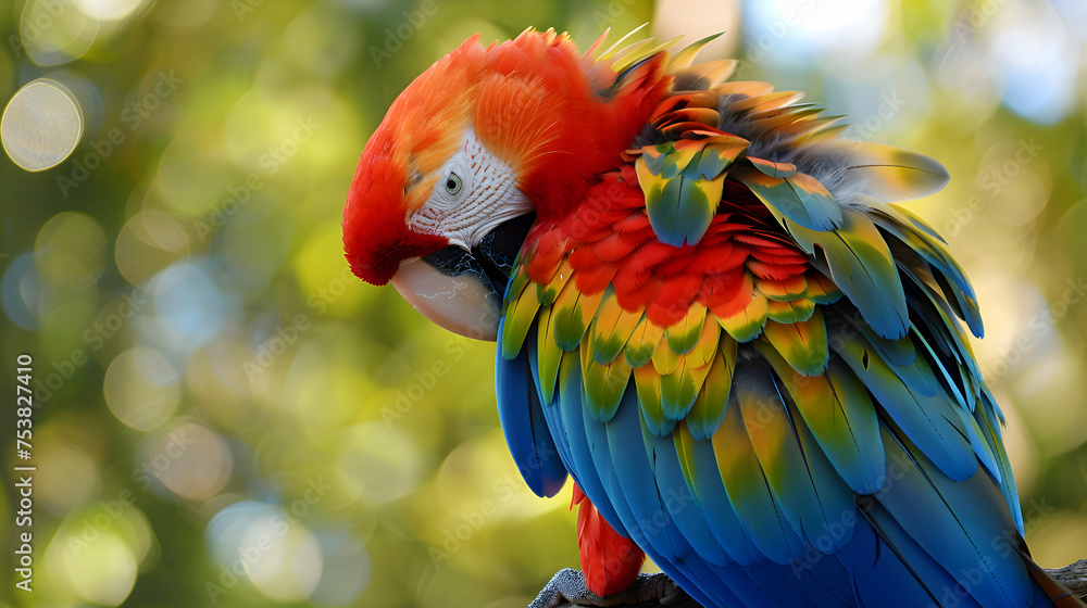 A colorful macaw preening its feathers in the warm summer sun