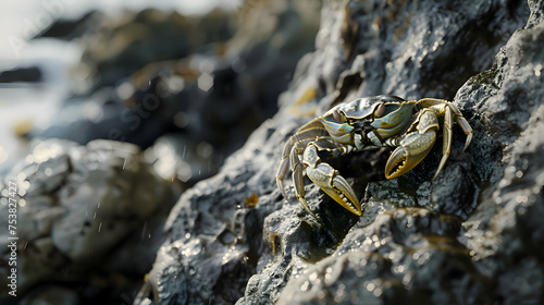 A crab camouflaged among textured coastal rocks