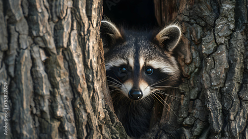 A curious raccoon peeking out from the hollow of a tree