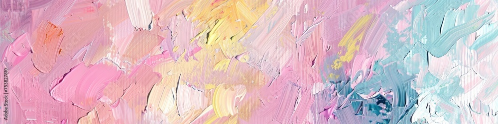Bold abstract painting with dominant pink, blue, and yellow hues creating a dynamic composition.