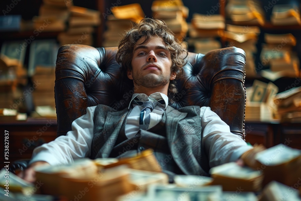 A young entrepreneur reclines confidently in a leather chair, surrounded by books and wealth A young entrepreneur reclines confidently in a leather chair, surrounded by books and wealth