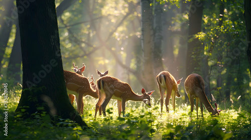 A family of deer grazing in a sun-dappled forest clearing
