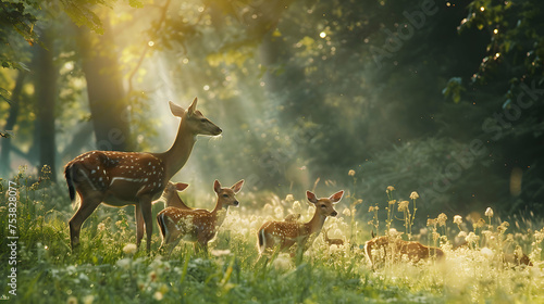 A family of deer grazing in a sun-dappled meadow