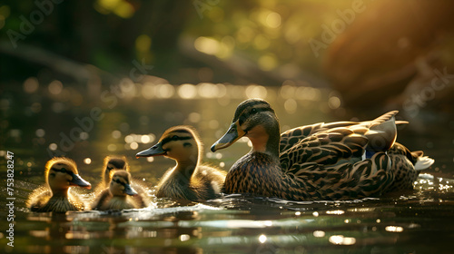 A family of ducks swimming in a serene lake