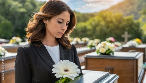 Sad woman at a funeral with flower on coffin after loss of a loved one 