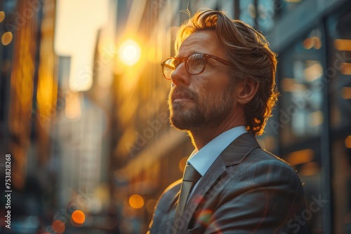 Businessman in a sharp suit overlooks cityscape bathed in golden sunlight  face intentionally blurred
