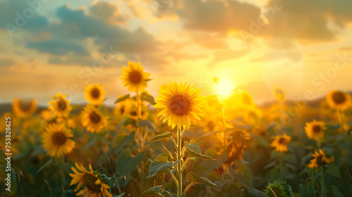 A field of sunflowers stretching towards the golden sun
