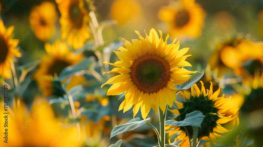 Fototapeta premium A gentle breeze rustling through a field of golden sunflowers