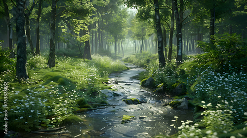 A gentle stream winding through a verdant forest undergrowth