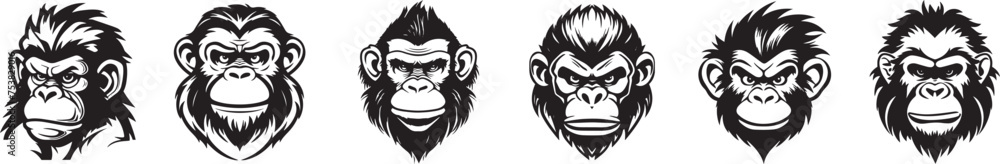 monkey heads, detailed and expressive, black vector graphic laser cutting engraving