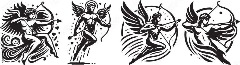 cupid, god of love, young boy angel shooting hearts from bow, black vector graphic laser cutting engraving