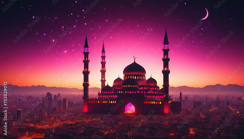 Ramadan Kareem background with mosque and moon. Vector illustration.